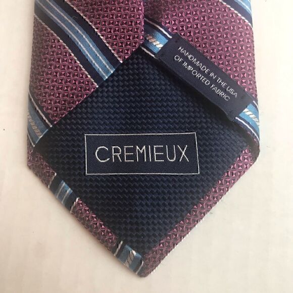 David Cremieux 100% Silk Magenta and Blue Woven Striped Tie. Made in the USA - Picture 4 of 5